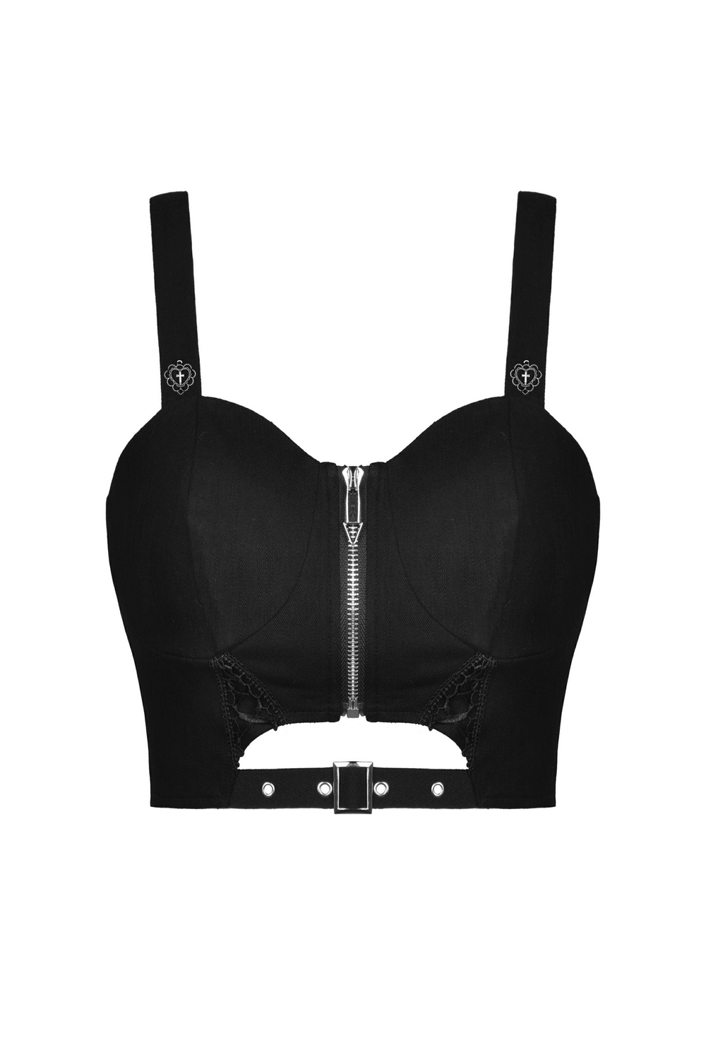 Sexy punk front zip cutout crop top for women in solid black with lace-up detail.