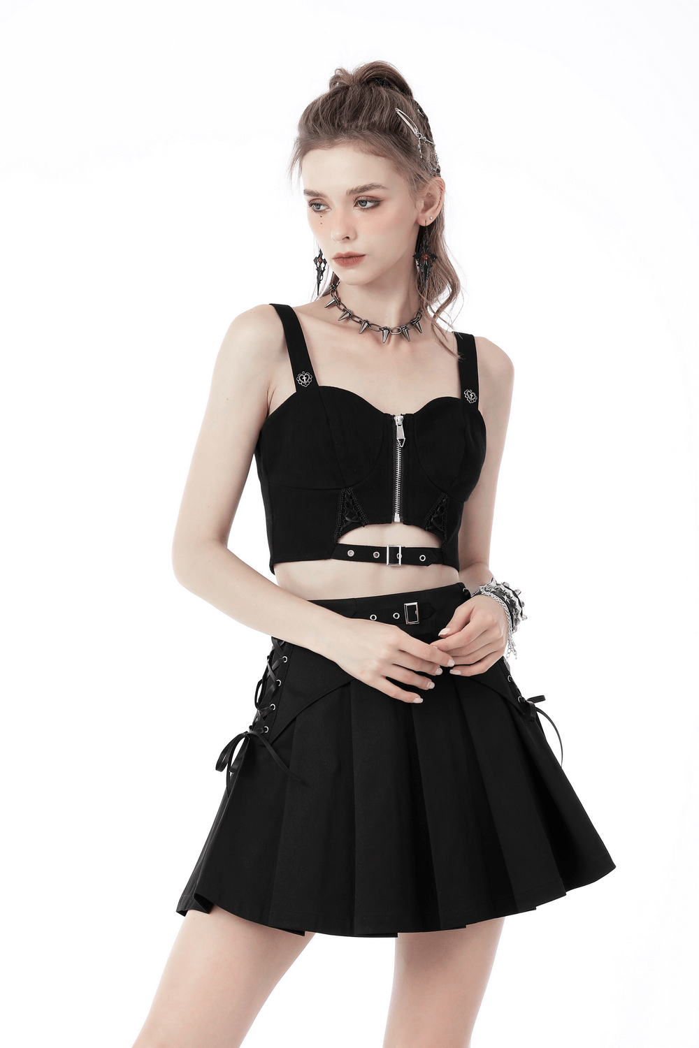 Edgy black punk crop top with zipper and lace-up design, paired with a matching skirt, perfect for a rockstar look.