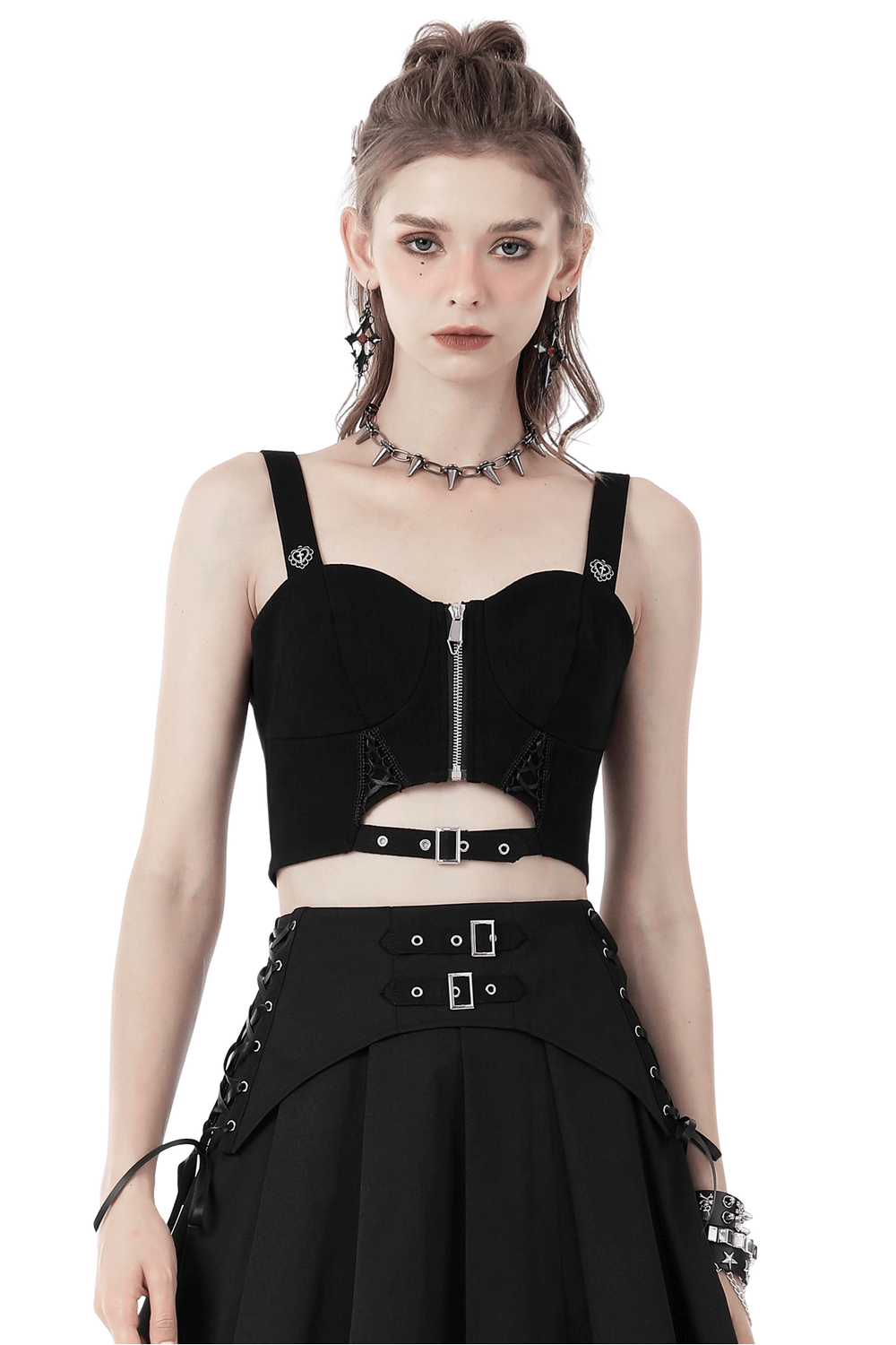 Edgy black punk crop top with front zipper and lace-up design, perfect for a bold gothic look.