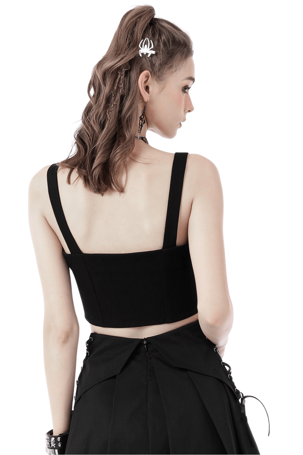 Back view of a black punk crop top for women, featuring wide straps and a fitted design, perfect for edgy outfits.