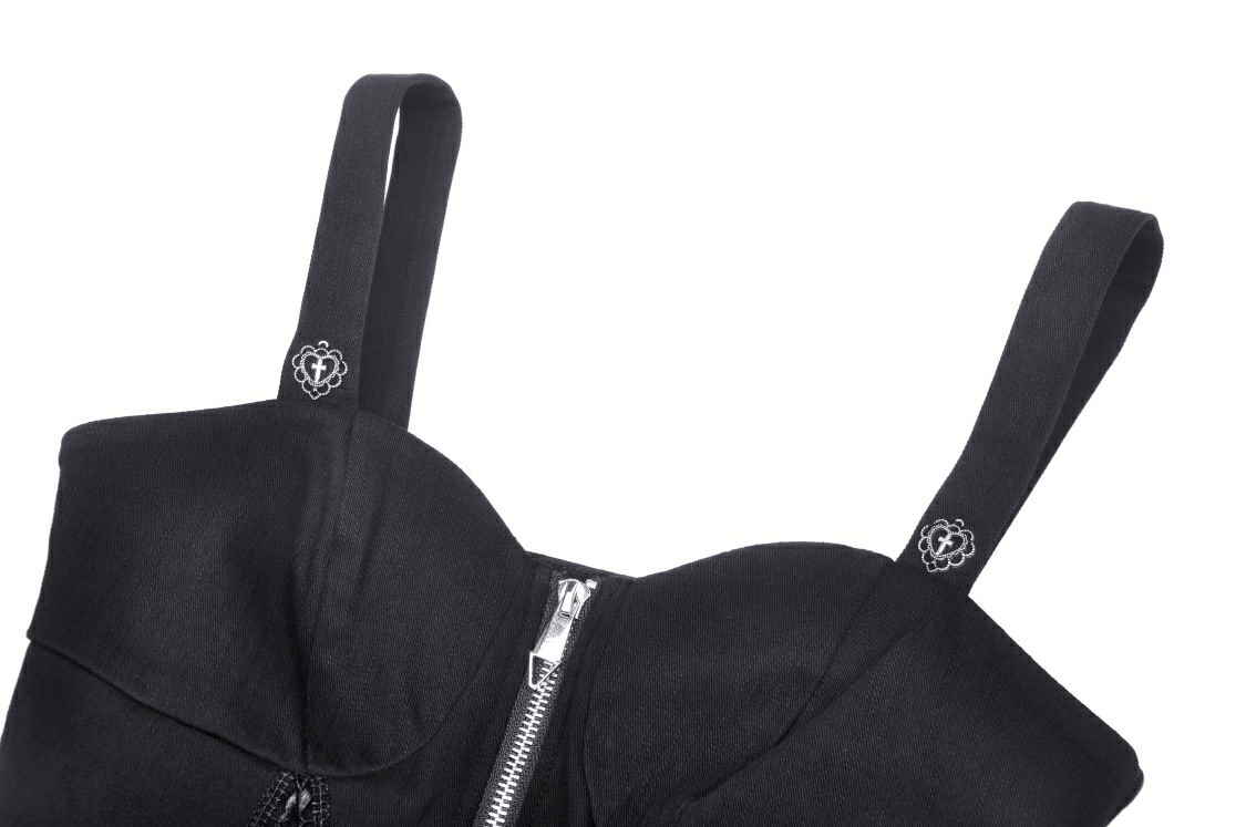 Black punk crop top with zipper closure and lace-up detail, perfect for edgy rockstar style.