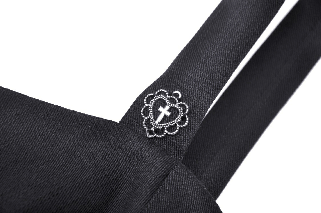 Close-up of the Sexy Punk Front Zip Cutout Crop Top, showcasing a unique decorative patch with a cross design.