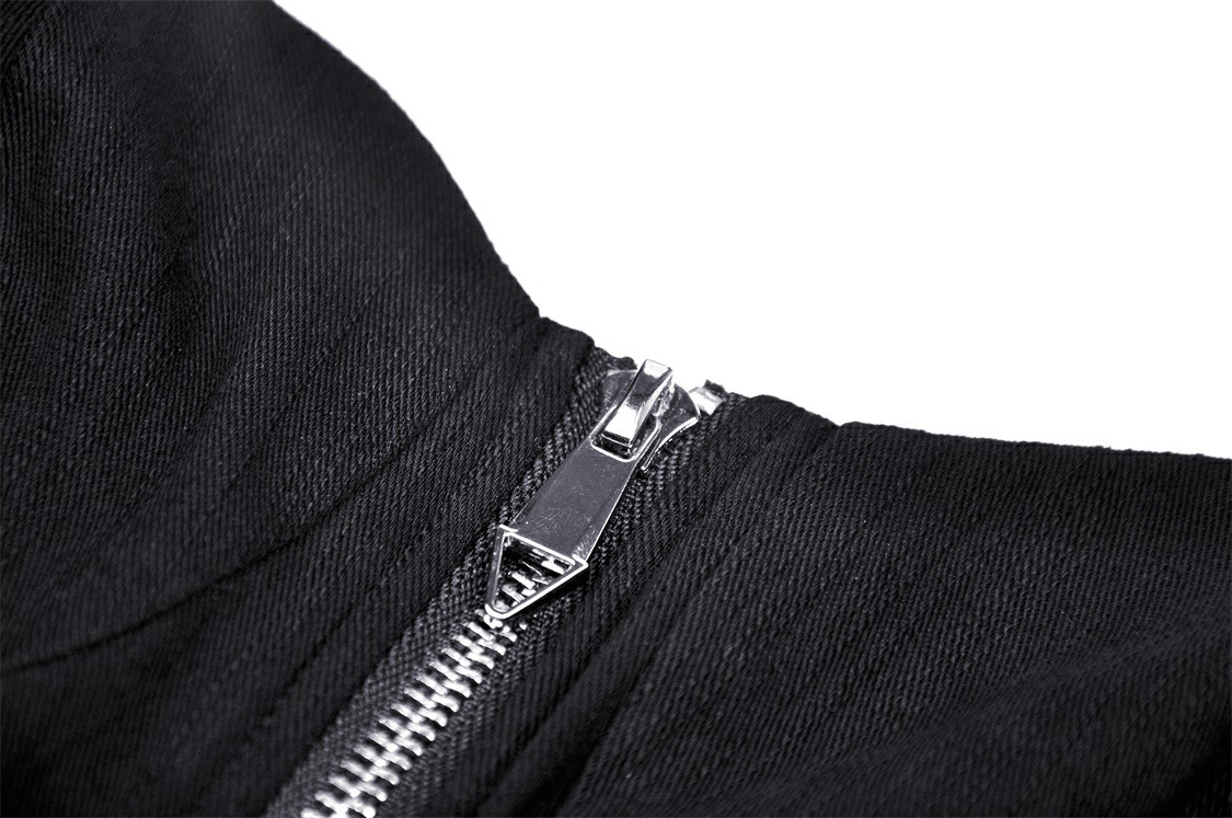 Close-up of the bold zipper detail on a sexy punk front zip cutout crop top for women.