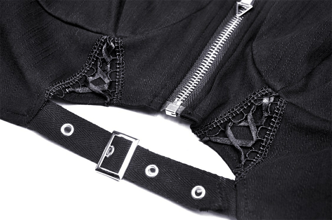 Close-up of a black punk crop top with zip closure and lace accents, perfect for edgy fashion lovers.