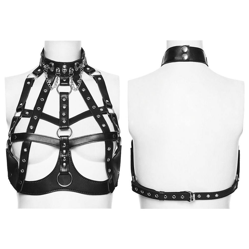 Sexy Punk Leather Bustier with Skull Studs and Chains in black leather showcasing D-ring chains and stud detailing.