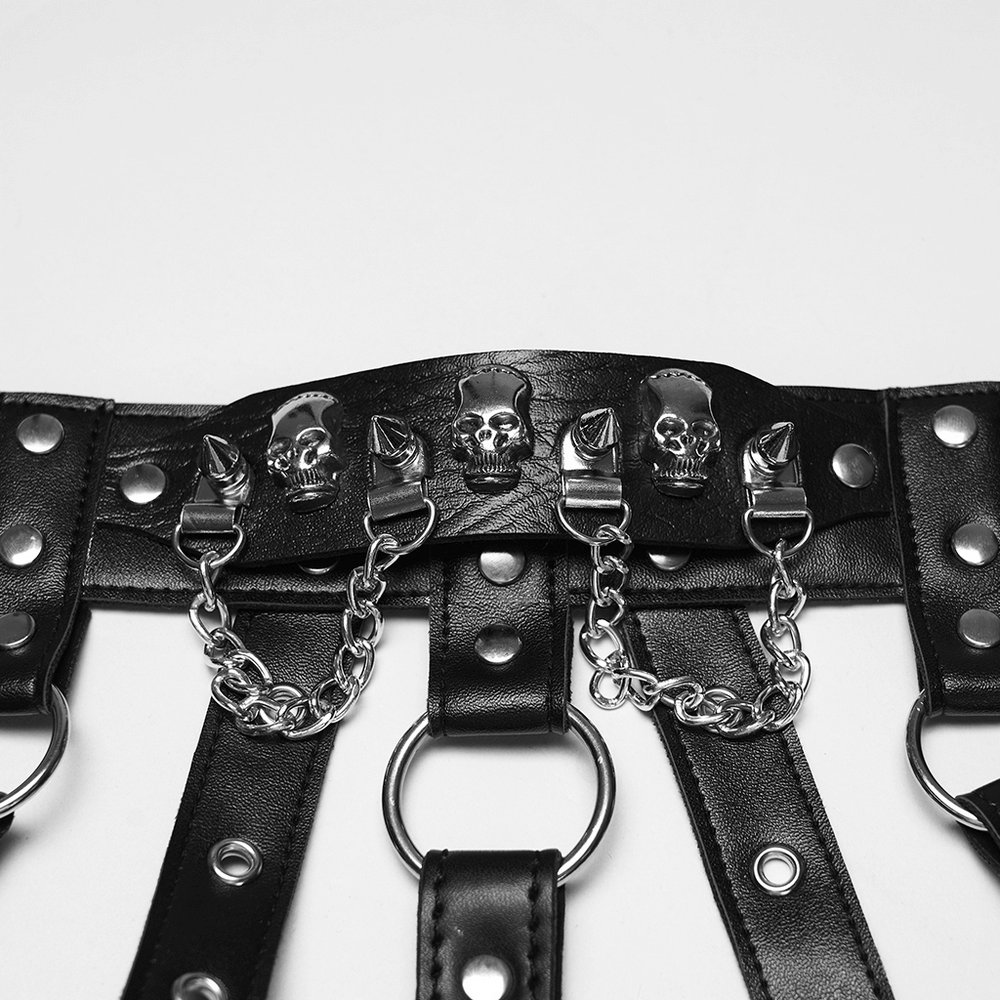 Sexy Punk Leather Bustier with Skull Studs and Chains featuring unique skull studs and chains.