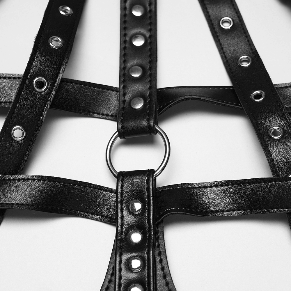 Sexy Punk Leather Bustier with Skull Studs and Chains straps and eyelets detail highlighting punk aesthetic.