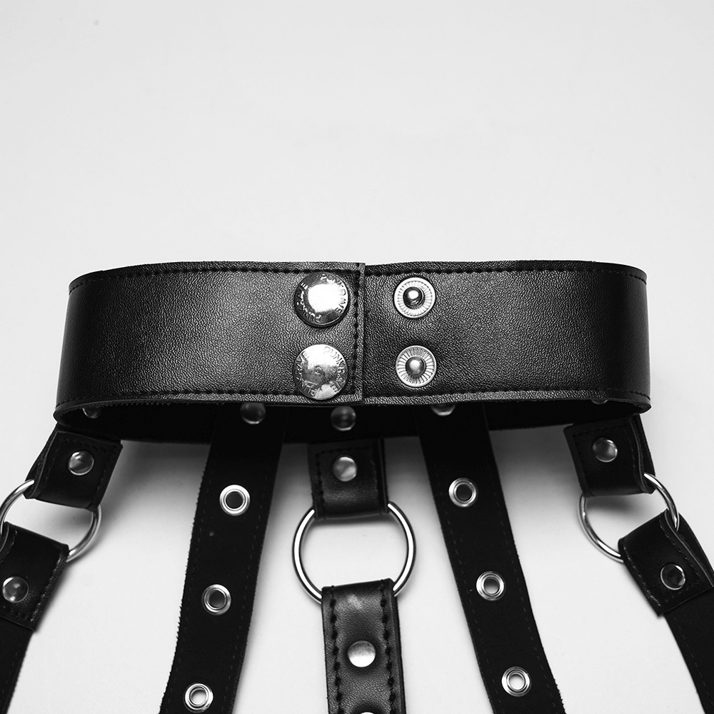 Sexy Punk Leather Bustier with Skull Studs and Chains featuring a black leather harness with D-ring and snap buttons.