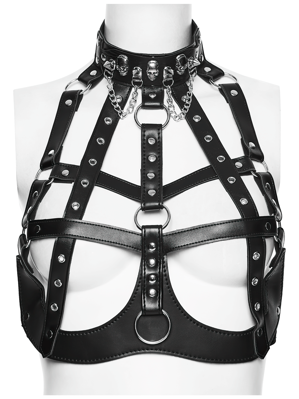 Sexy Punk Leather Bustier with Skull Studs and Chains featuring bold straps and studs for an edgy, alternative look.