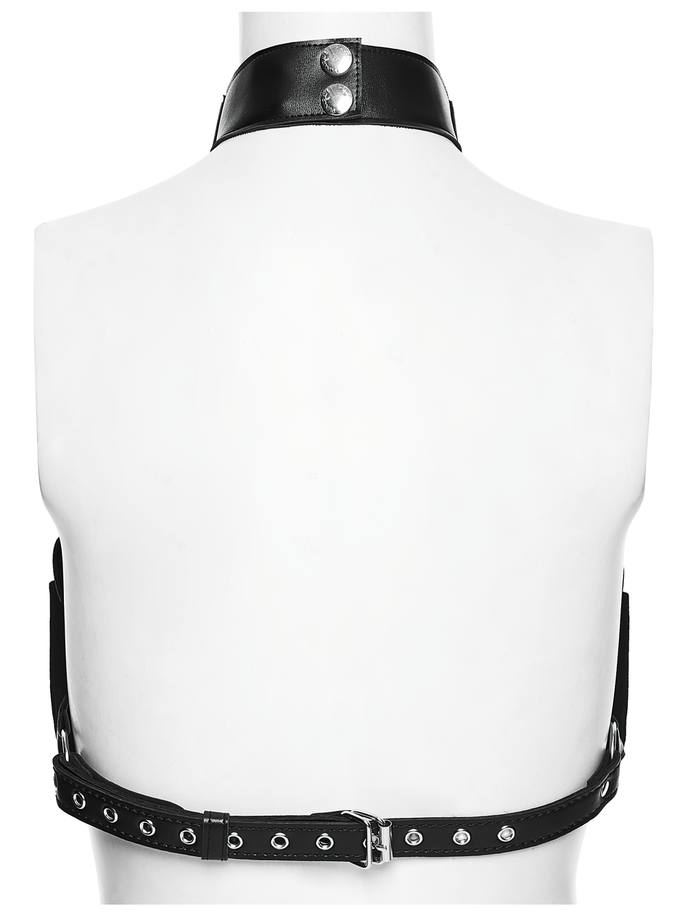 Sexy Punk Leather Bustier with Skull Studs and Chains - Back view showcasing D-ring chains and snap buttons.