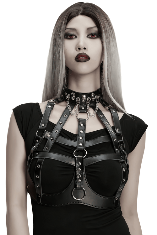 Sexy Punk Leather Bustier with Skull Studs and Chains