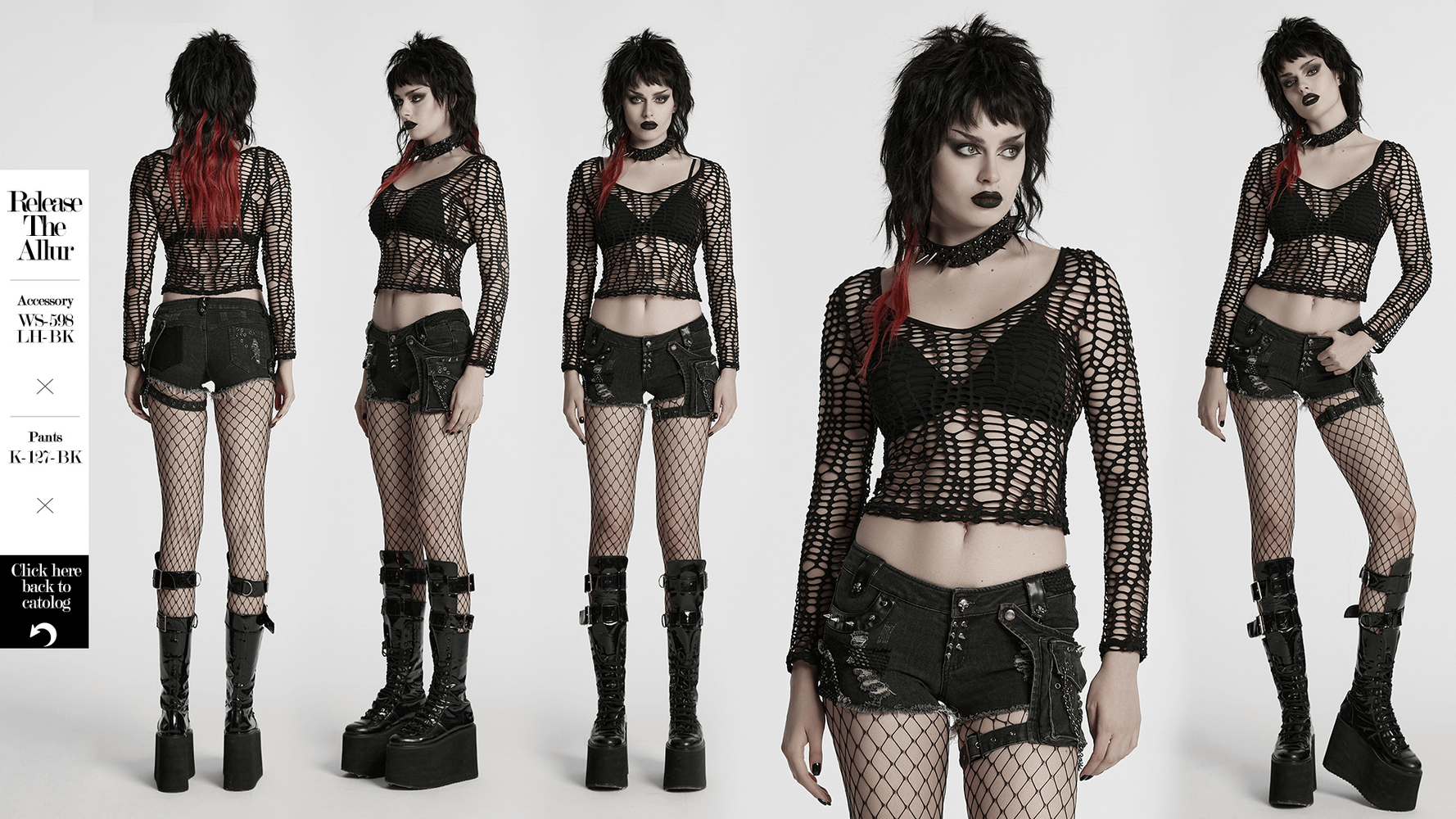 Model showcasing a sexy punk mesh top with deep-V design, paired with edgy shorts and bold accessories.
