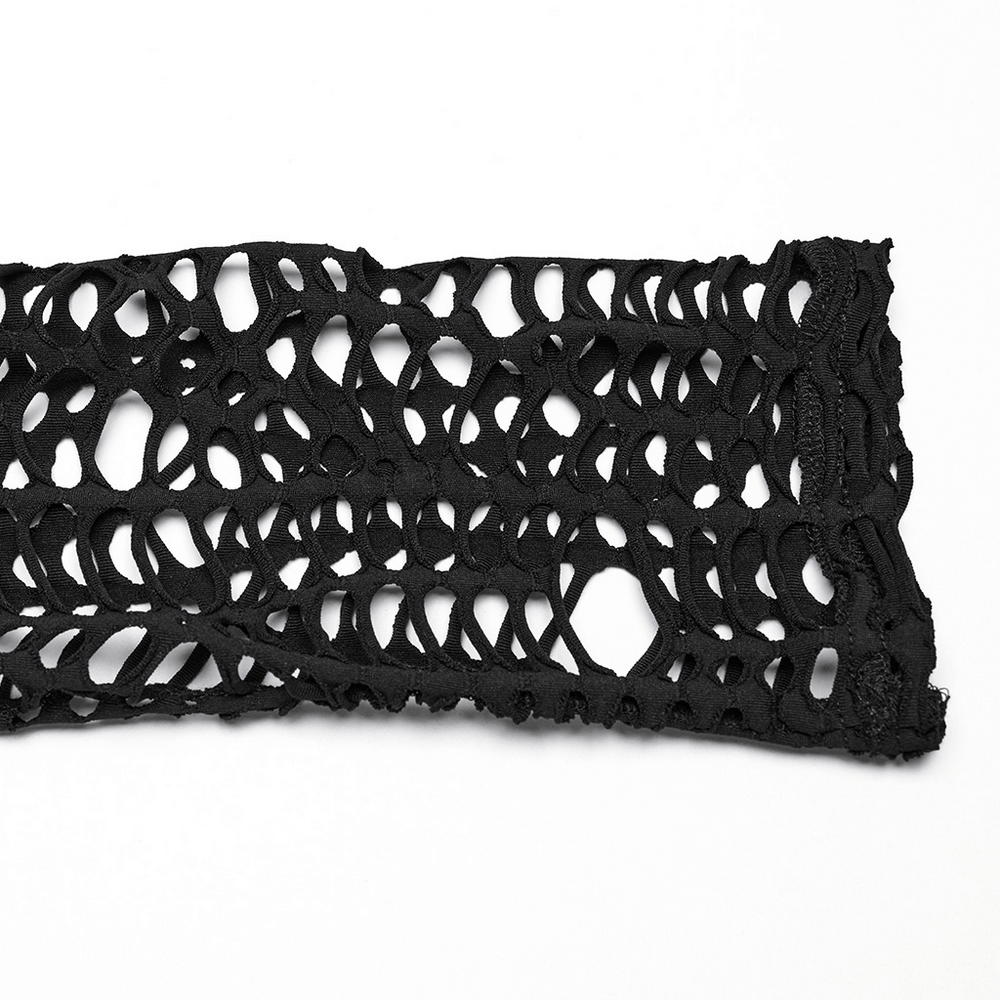 Close-up of unique black mesh fabric with irregular hollow designs, perfect for sexy punk fashion.