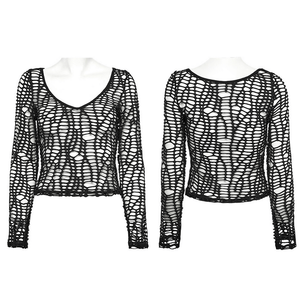 Sexy punk mesh top featuring deep-V neckline and hollow design, perfect for edgy alternative fashion.
