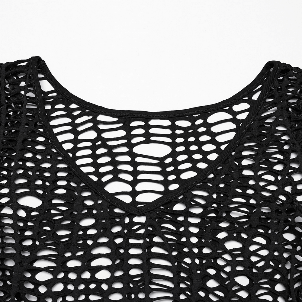 Close-up view of a sexy punk mesh top with deep-V neckline and hollow-out design, perfect for edgy outfits.