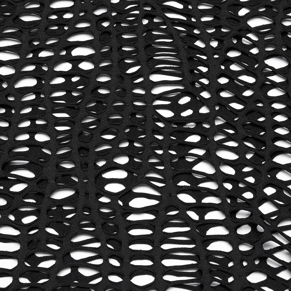 Close-up of black irregular mesh fabric with hollow-out design, showcasing punk style and flexibility.