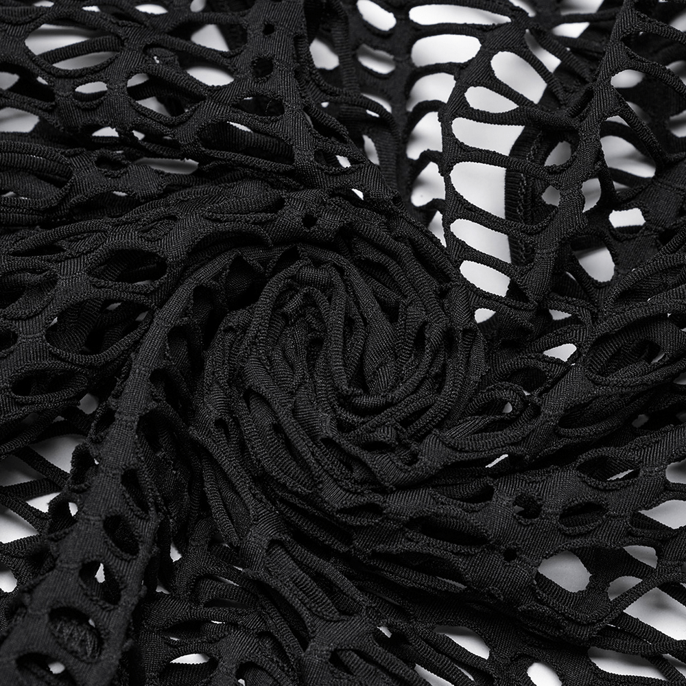 Close-up of black elastic mesh fabric with hollow designs, perfect for making edgy punk fashion items.