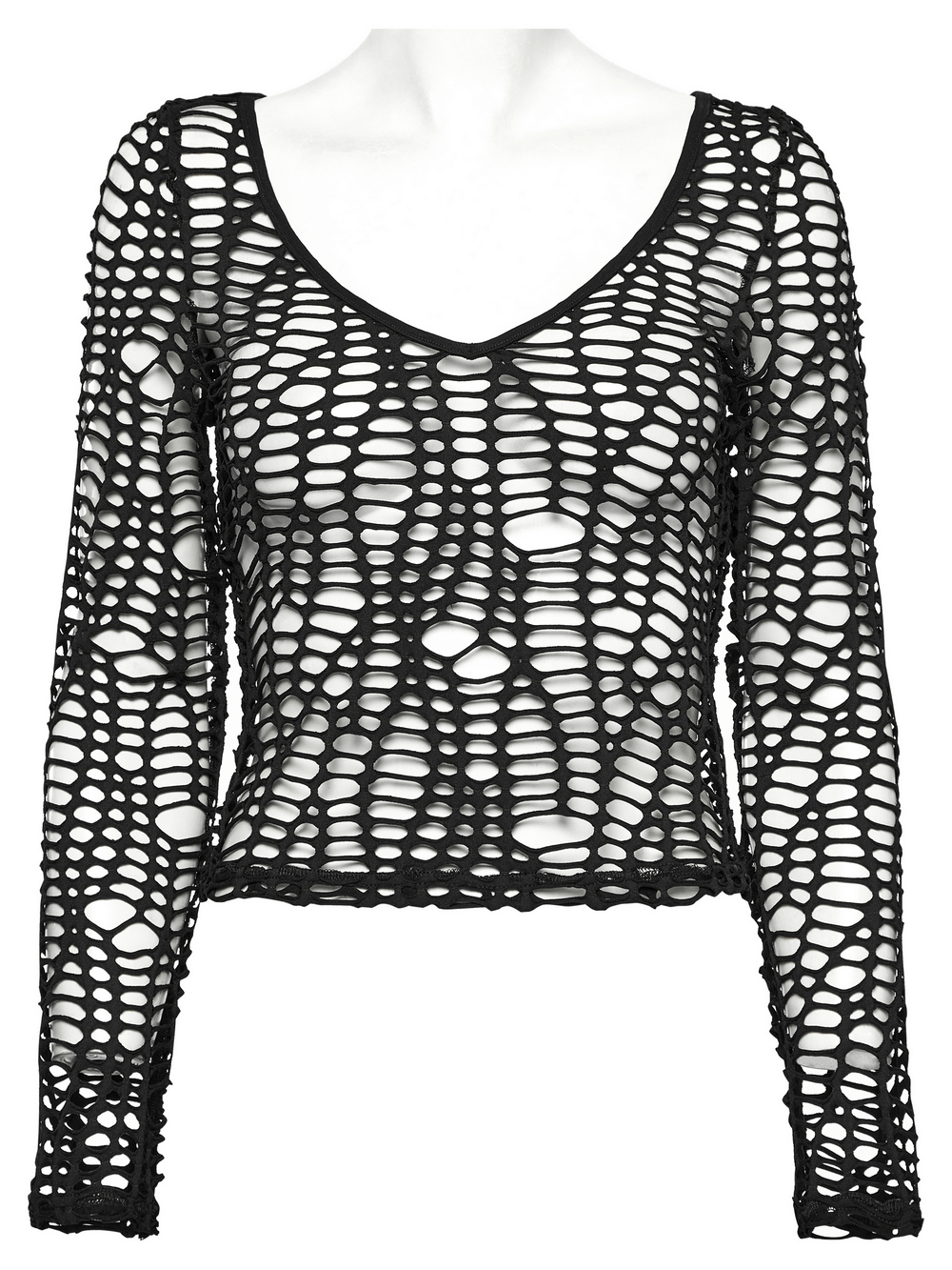 Sexy punk mesh top with deep-V neckline and hollow-out design, perfect for edgy alternative fashion looks.