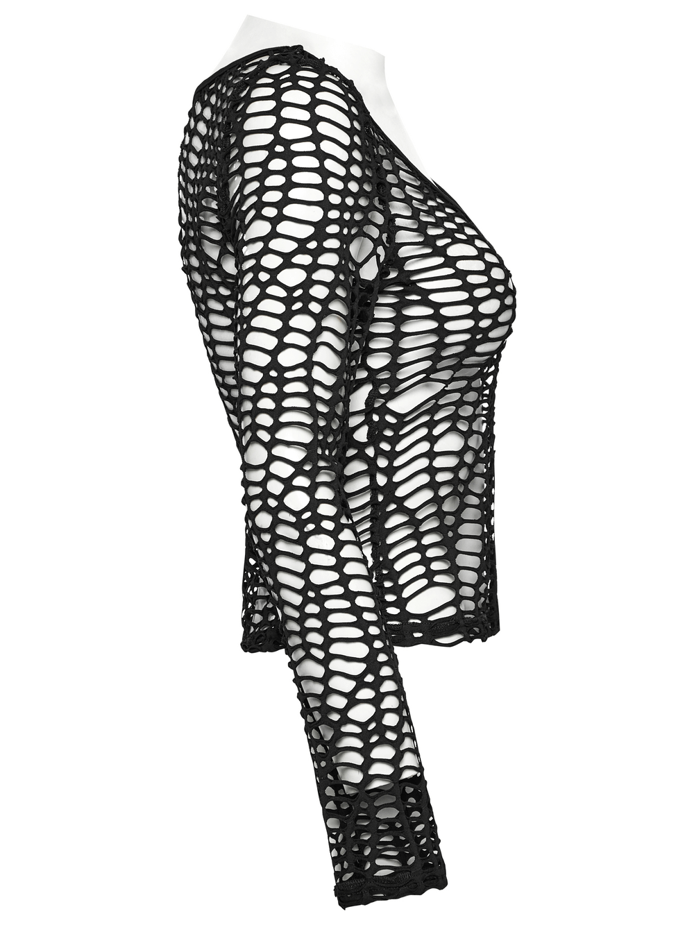 Sexy punk mesh top with deep-V neckline and hollow-out design, perfect for edgy fashion looks.