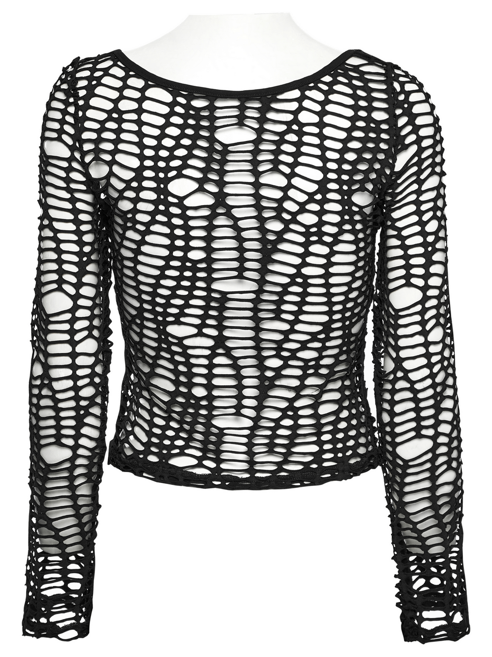 Back view of a sexy punk mesh top with deep-V hollow design and irregular fabric details.