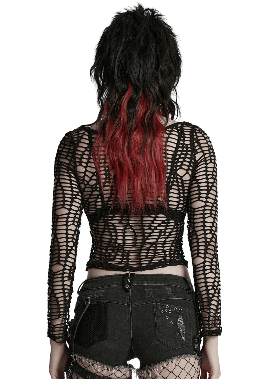 Back view of a punk mesh top with deep-V design, showcasing edgy style and unique fabric details.