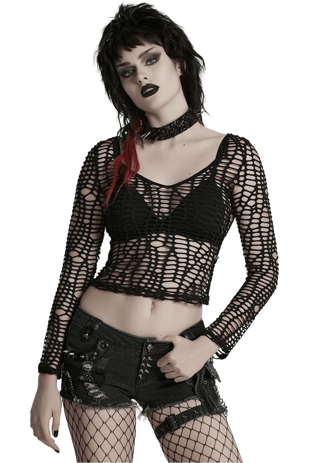 Model showcasing a sexy punk mesh top with deep-V neckline, paired with edgy shorts for a bold alternative style.