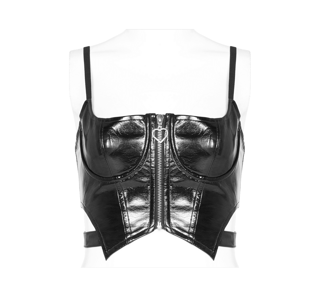 Sexy punk rave black PU leather crop camisole with central zipper and adjustable straps.