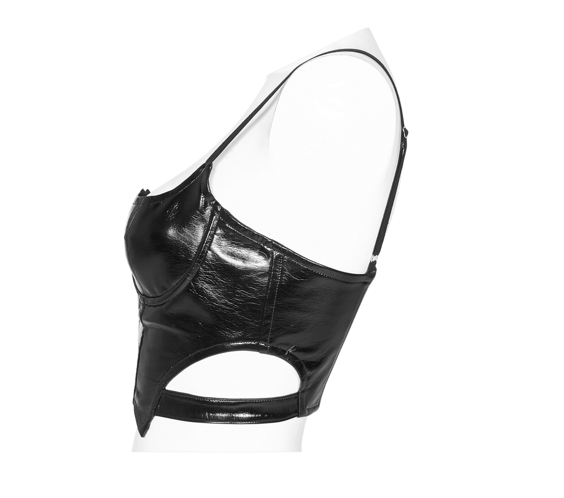 Side view of a sexy black PU leather crop camisole with a central zipper and edgy hollow sides.