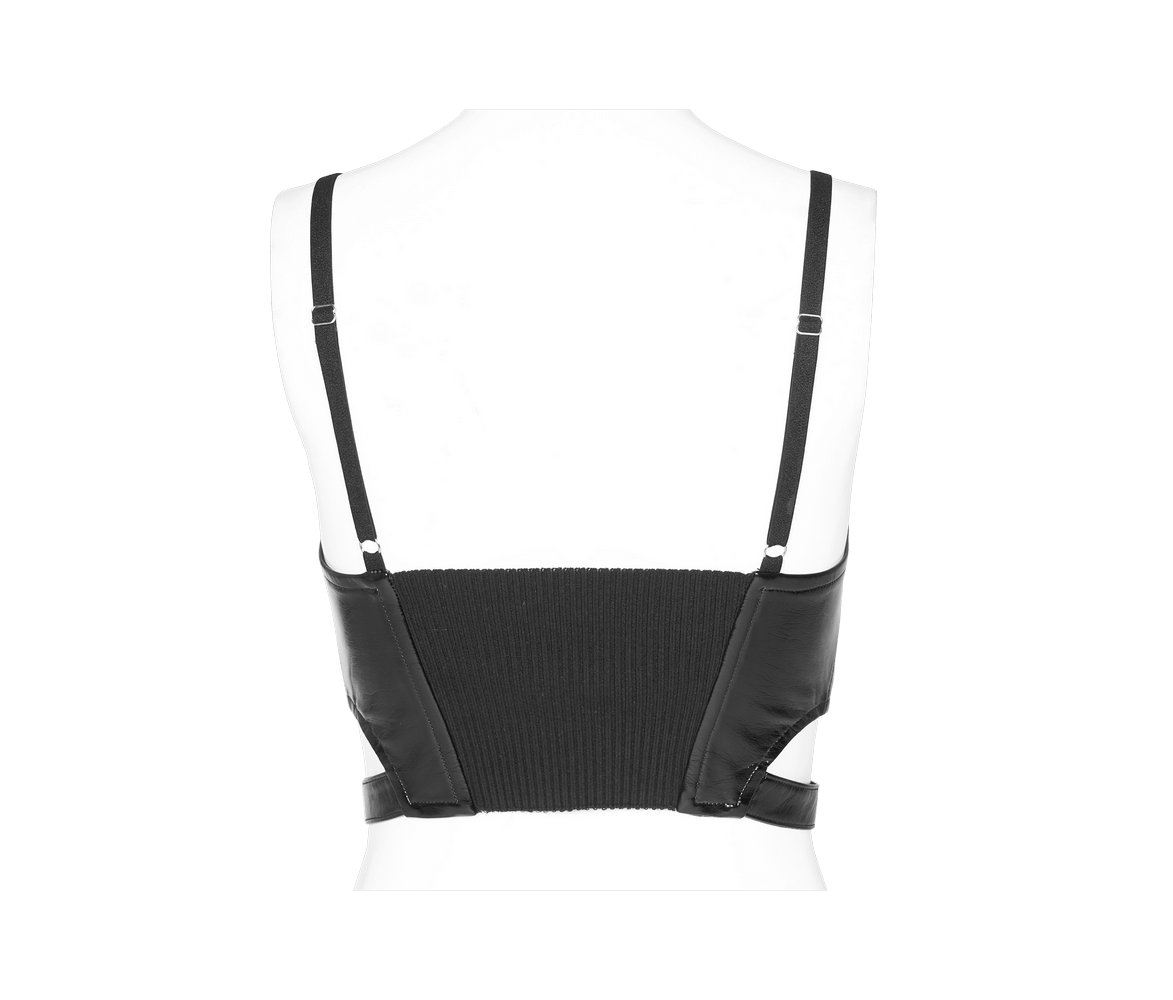 Back view of a Sexy Punk Rave black zipper crop camisole, featuring elastic straps and stylish PU leather design.