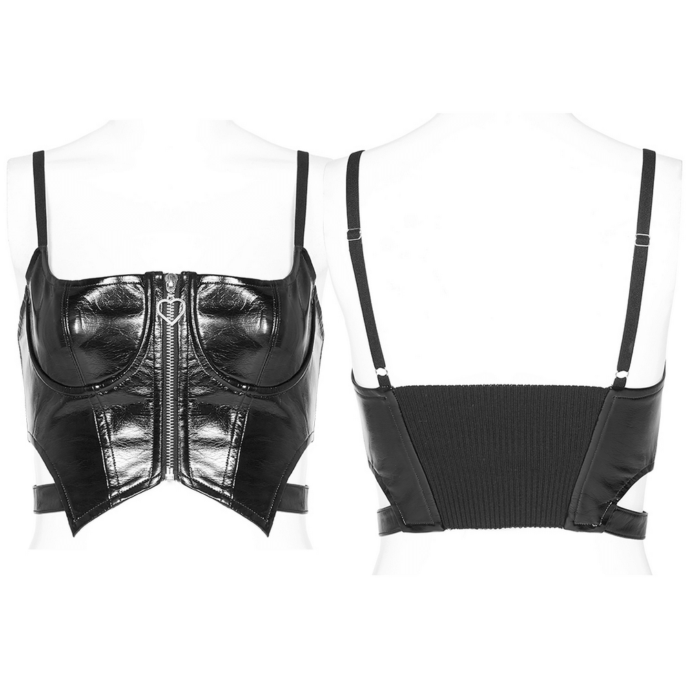 Stylish black PU leather crop camisole with central zipper and elastic shoulder straps, showcasing an edgy punk vibe.