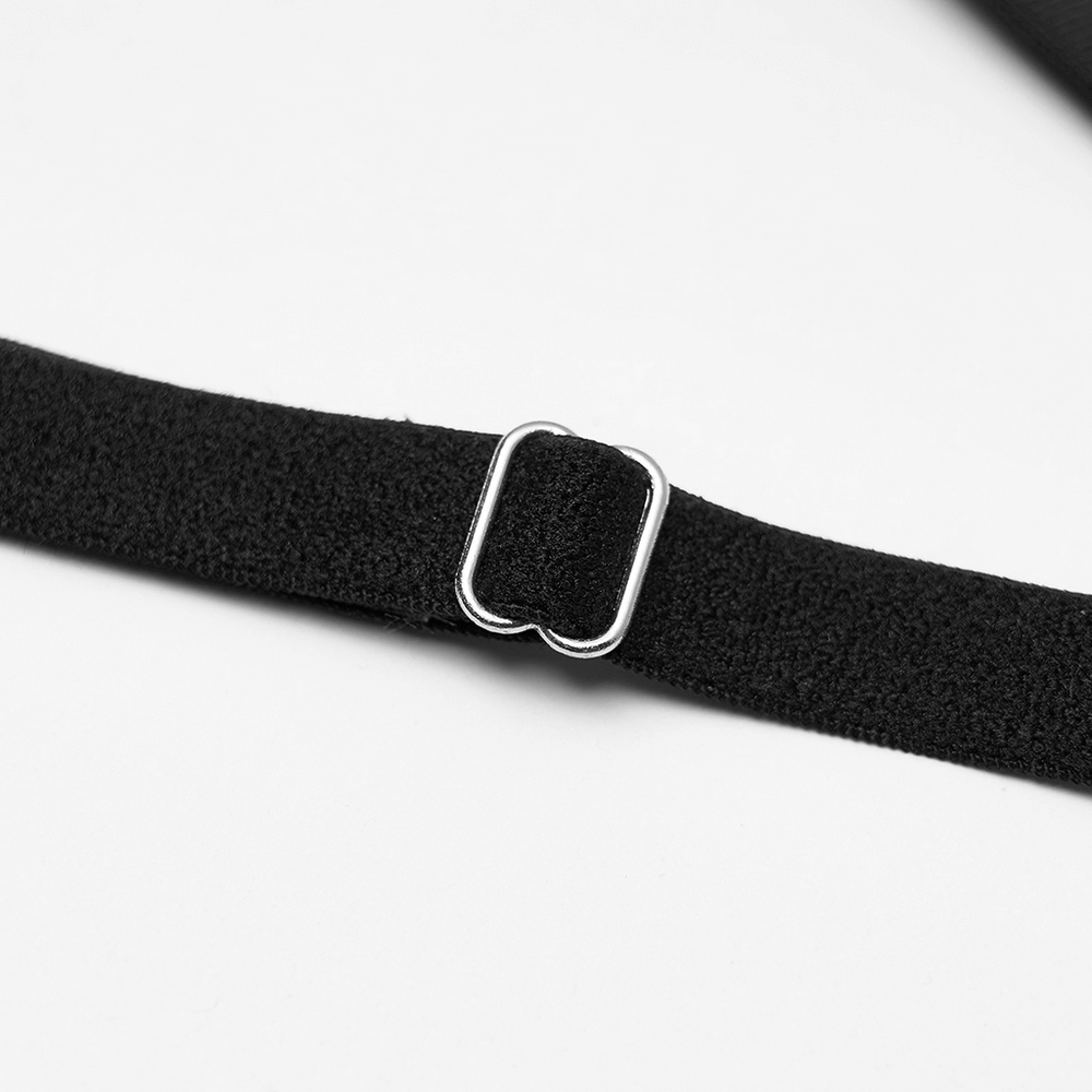 Close-up of a black elastic strap with a silver metal buckle for adjustable fit.