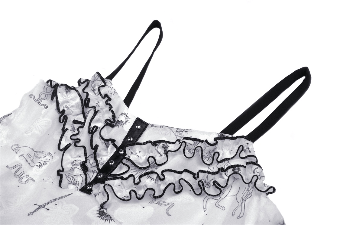 Close-up of a sexy punk strap dress with black lace trim and playful animal print design.