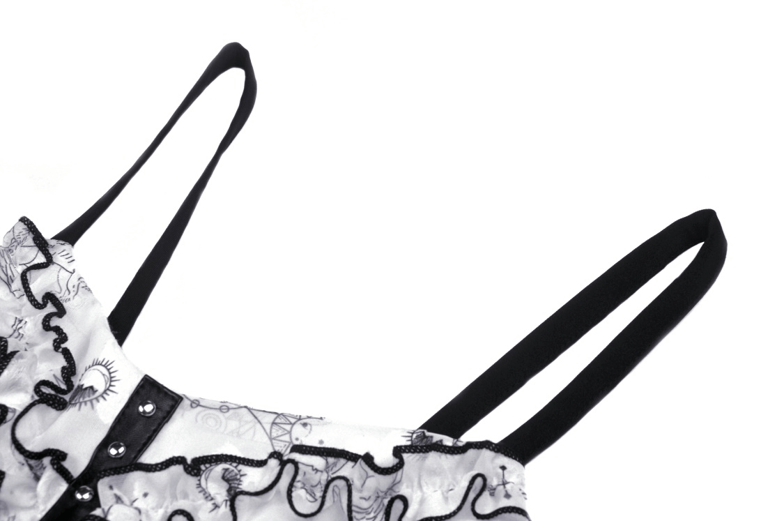 Close-up of sexy punk strap dress with black lace trim and animal print design, showcasing stylish straps.