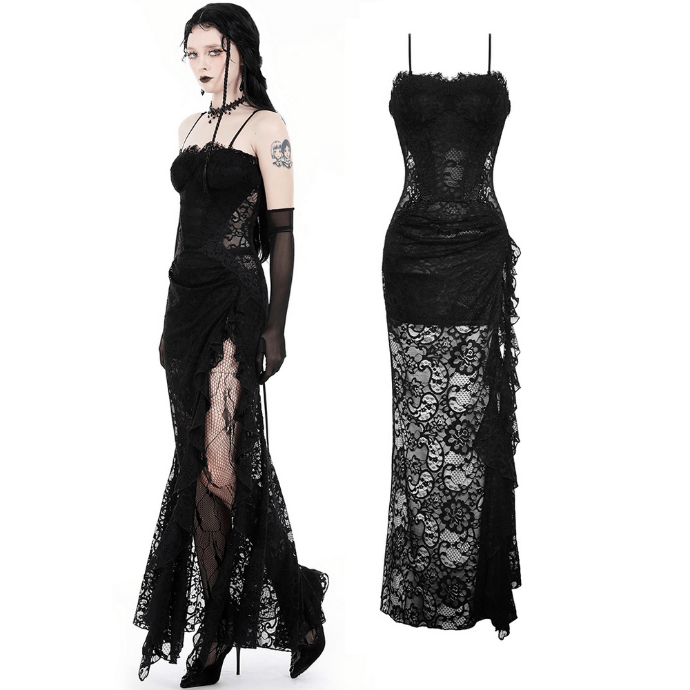 Sexy Sheer Black Lace Maxi Dress with Side Slit