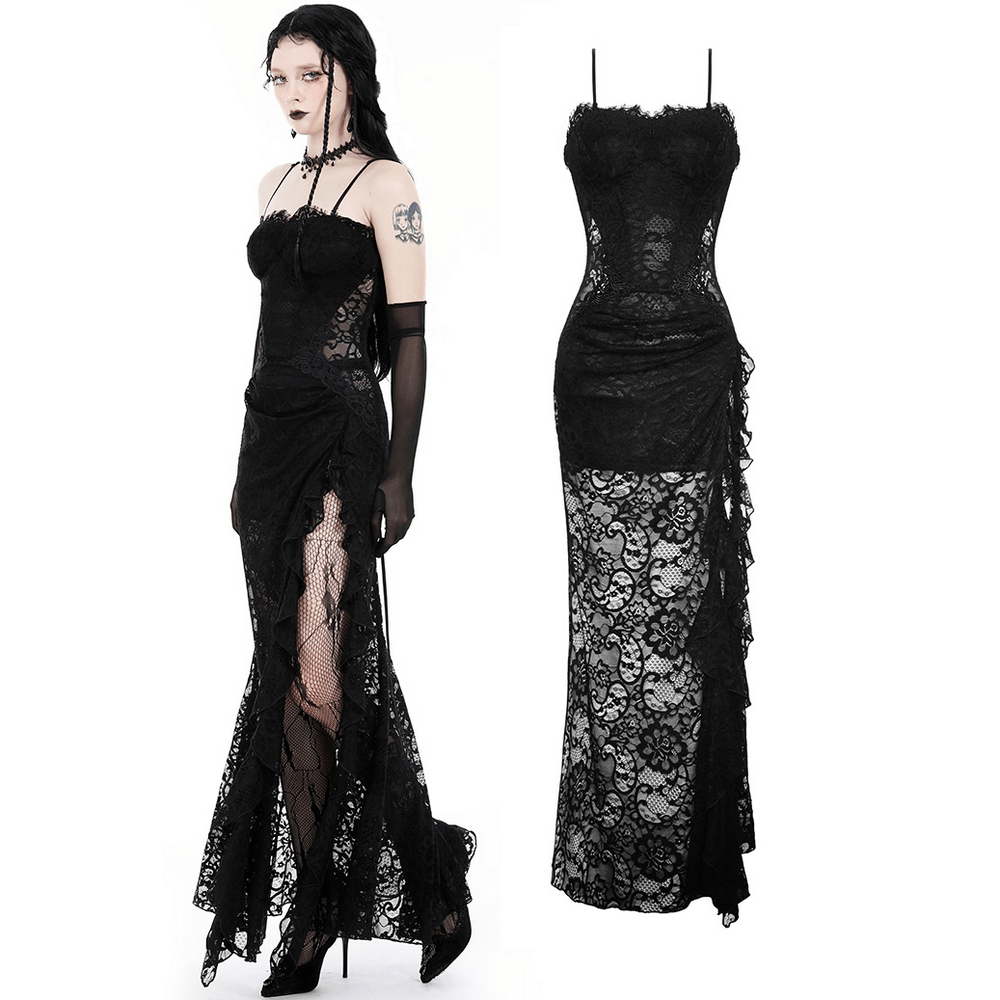 Alluring sheer black lace maxi dress with side slit, perfect for dramatic formal occasions.