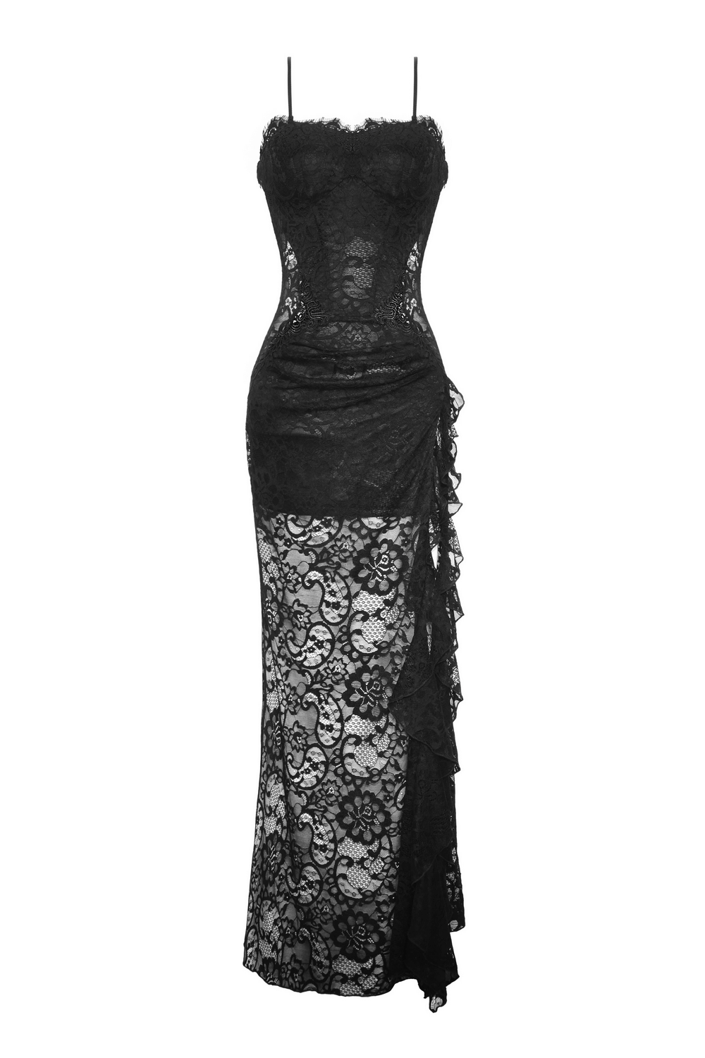Sexy sheer black lace maxi dress with side slit, perfect for formal occasions and dramatic flair.