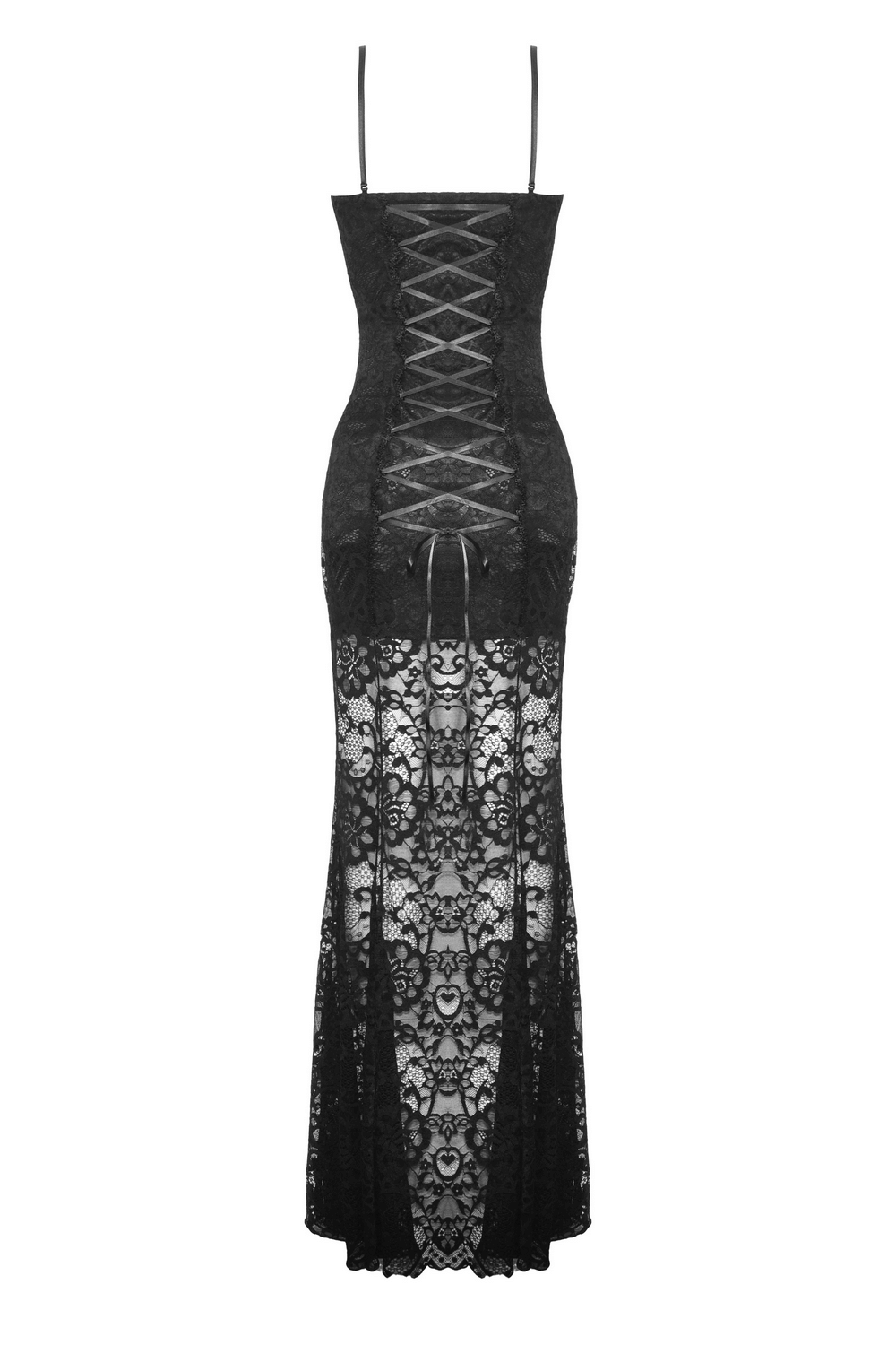 Elegant sheer black lace maxi dress with side slit and lace-up back detail, perfect for formal occasions.