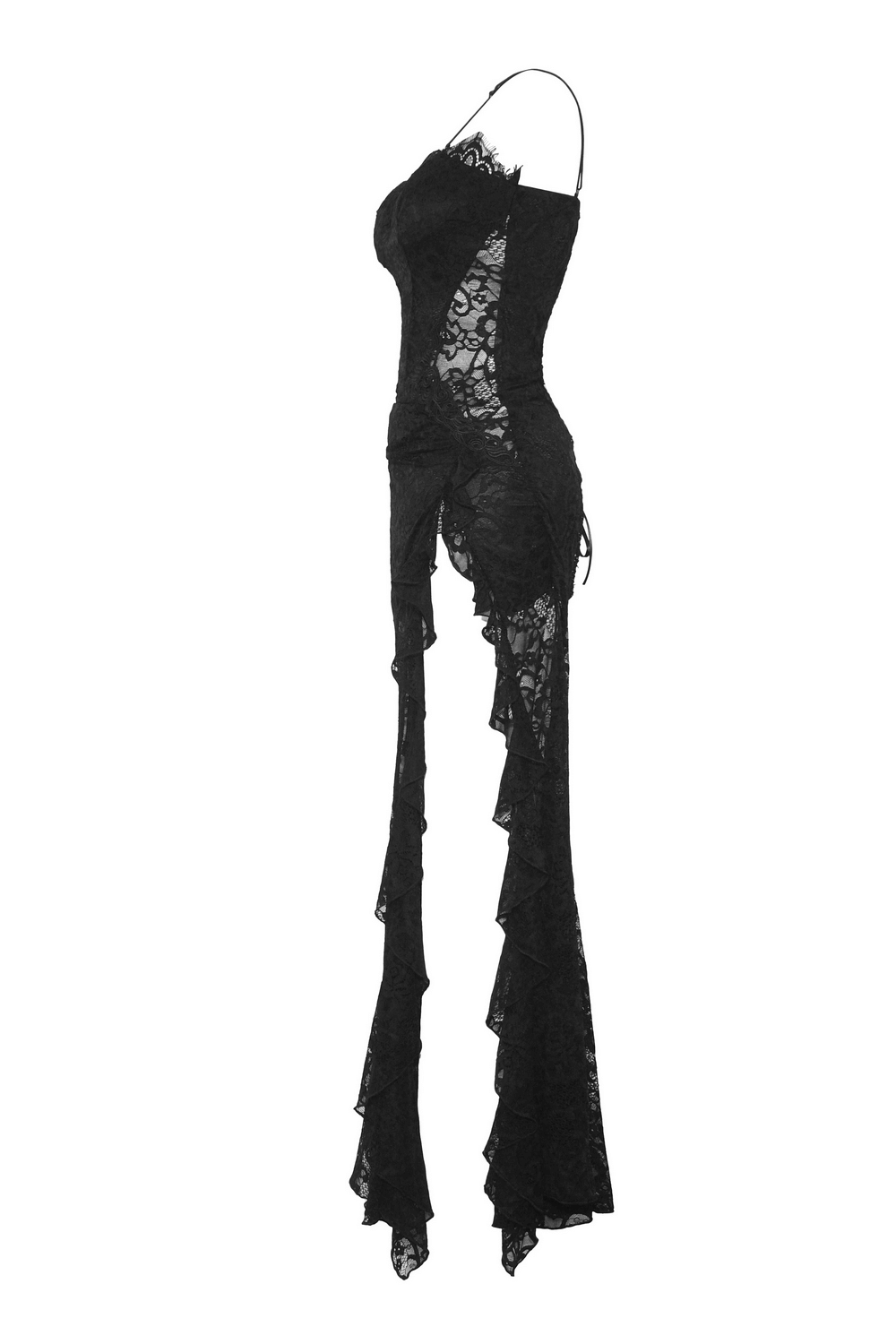 Alluring black lace maxi dress with side slit, perfect for formal occasions and making a bold statement.