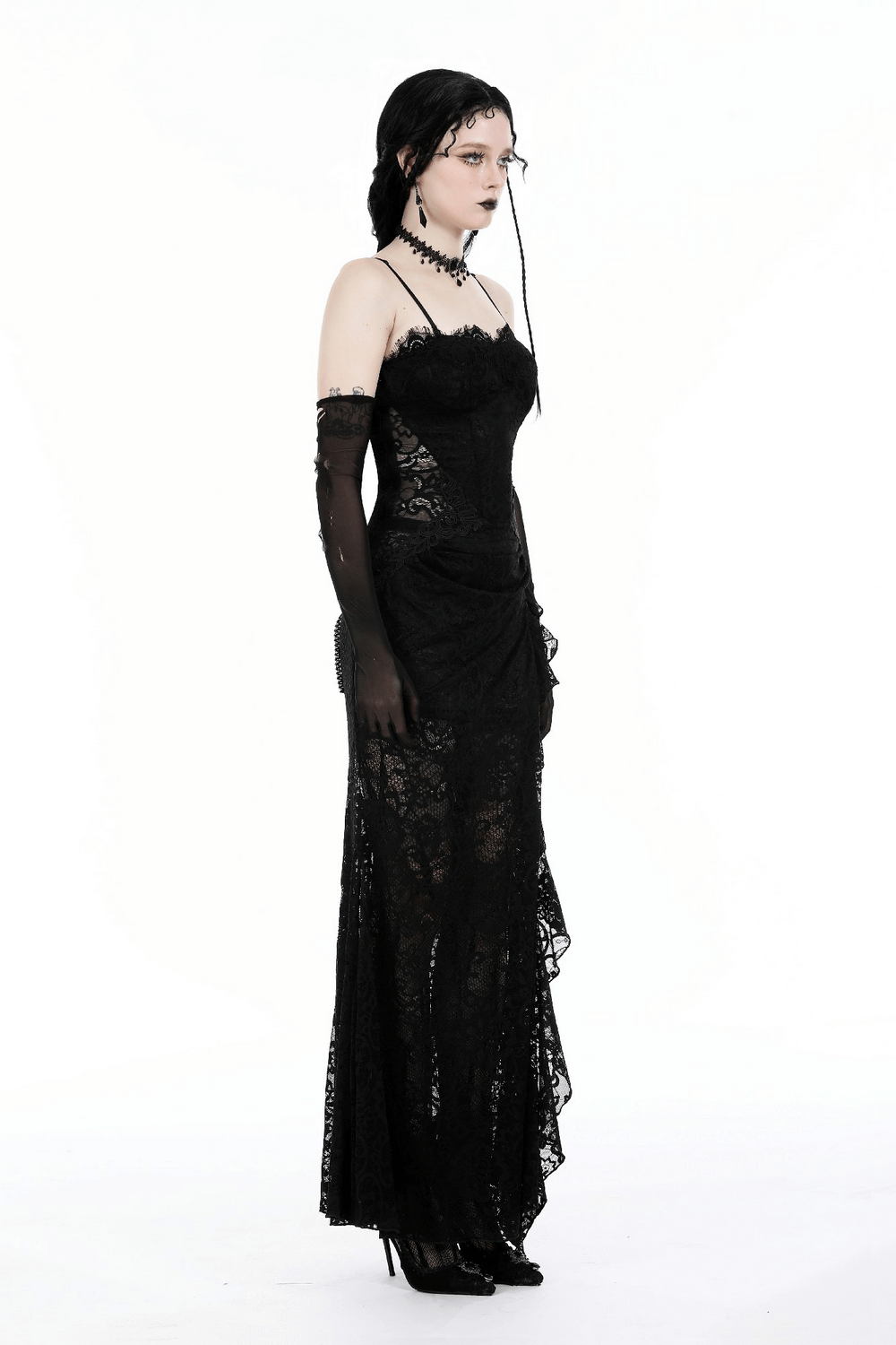 Alluring sheer black lace maxi dress with side slit, perfect for formal occasions and captivating looks.