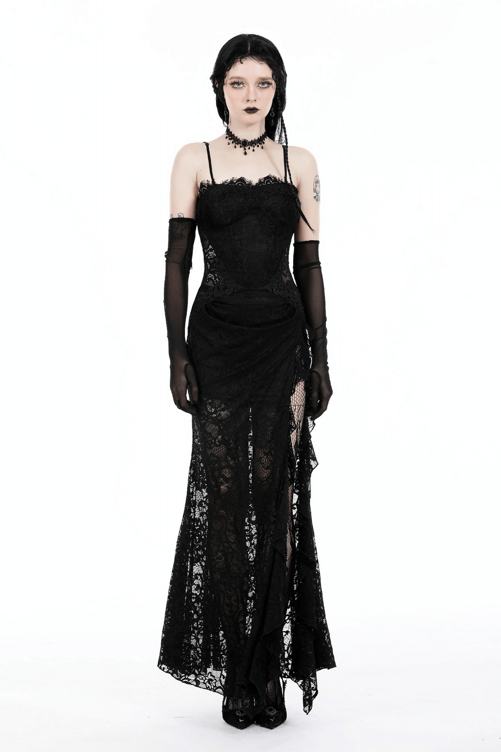 Elegant sheer black lace maxi dress with side slit, perfect for a dramatic chic look.