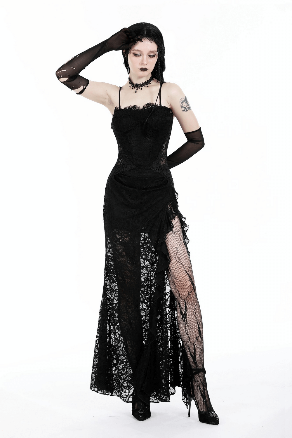Elegant sheer black lace maxi dress with side slit, showcasing a fitted bodice and alluring details.