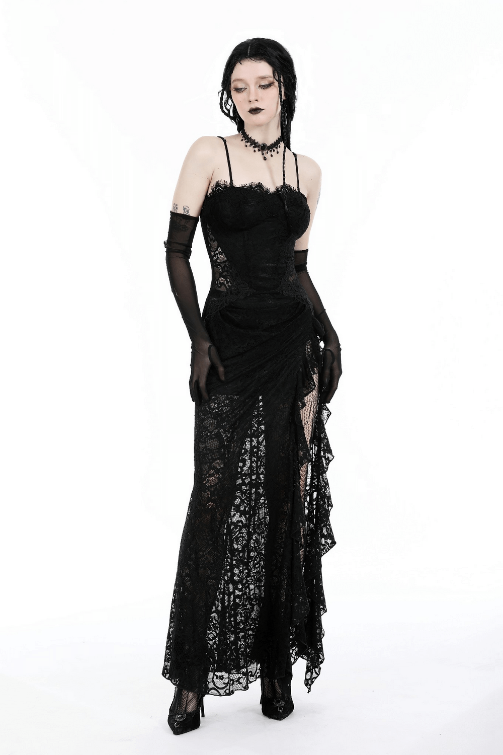 Elegant black lace maxi dress with side slit, perfect for formal events and capturing attention.
