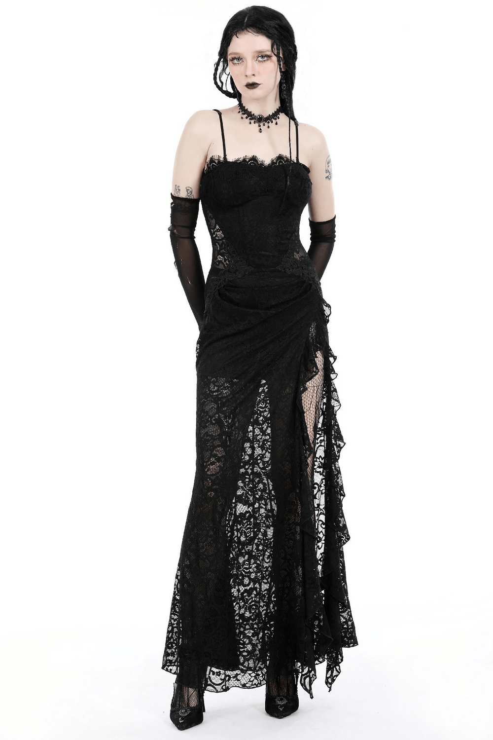 Elegant sheer black lace maxi dress with side slit, perfect for formal occasions and evening wear.