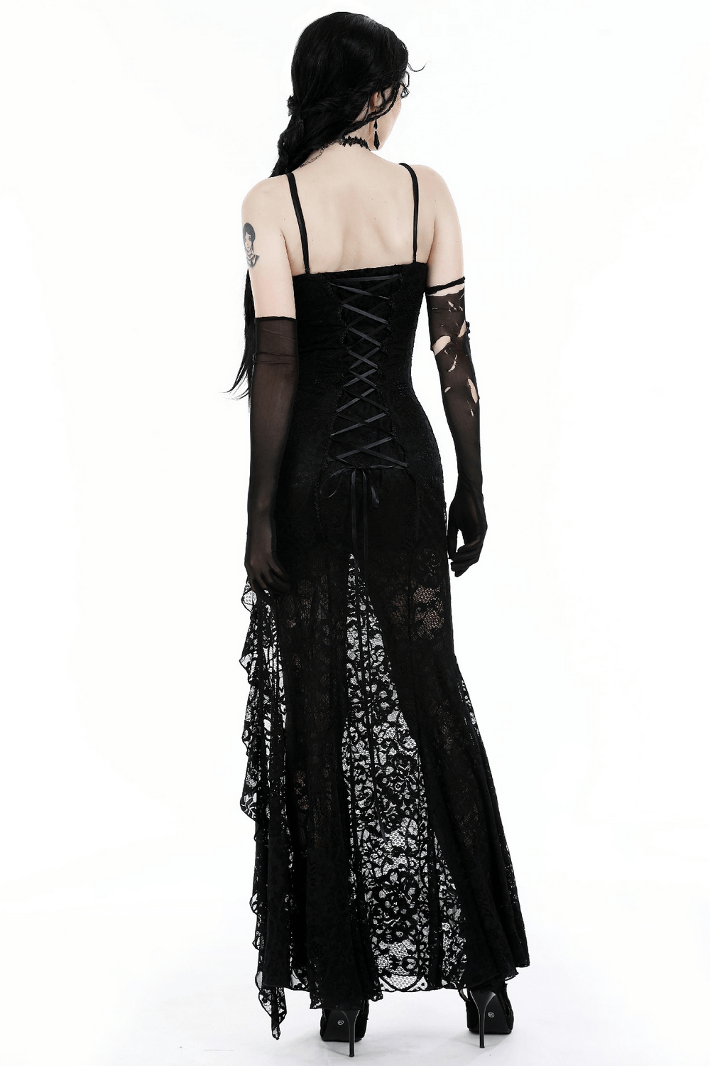 Back view of a sexy sheer black lace maxi dress with a high side slit and lace-up detail, perfect for formal occasions.