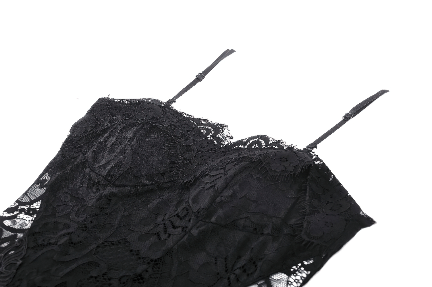 Sexy sheer black lace dress with intricate floral design and delicate spaghetti straps.