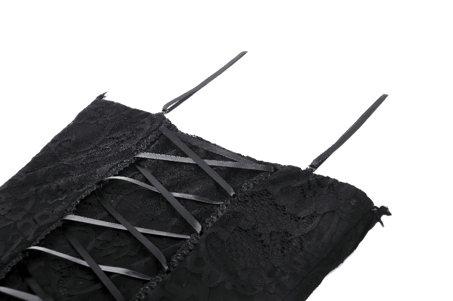 Close-up of sheer black lace bodice with delicate straps and lace-up detail, showcasing elegance and allure.