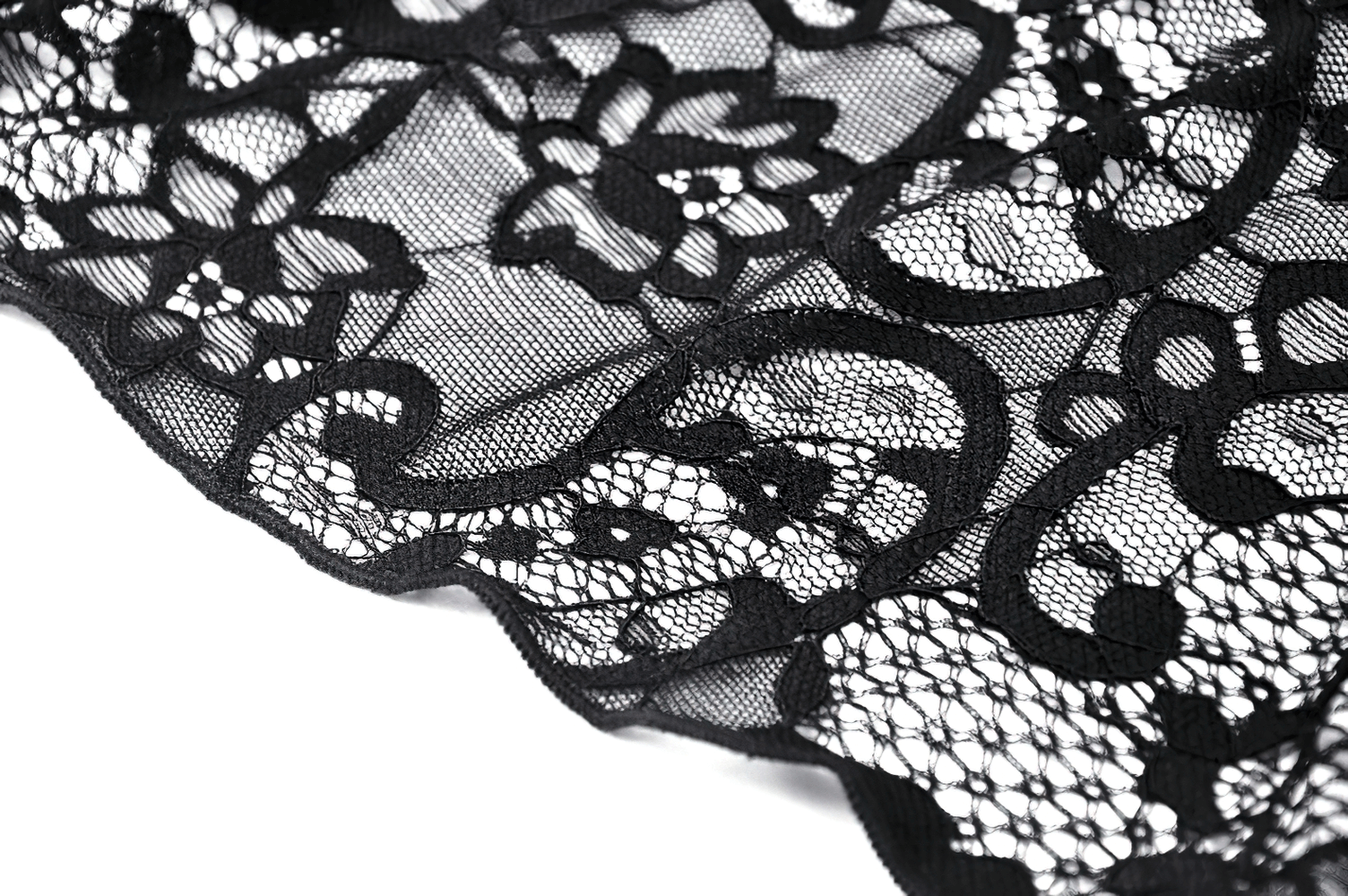 Close-up of intricate black lace fabric with floral patterns for elegant fashion design.
