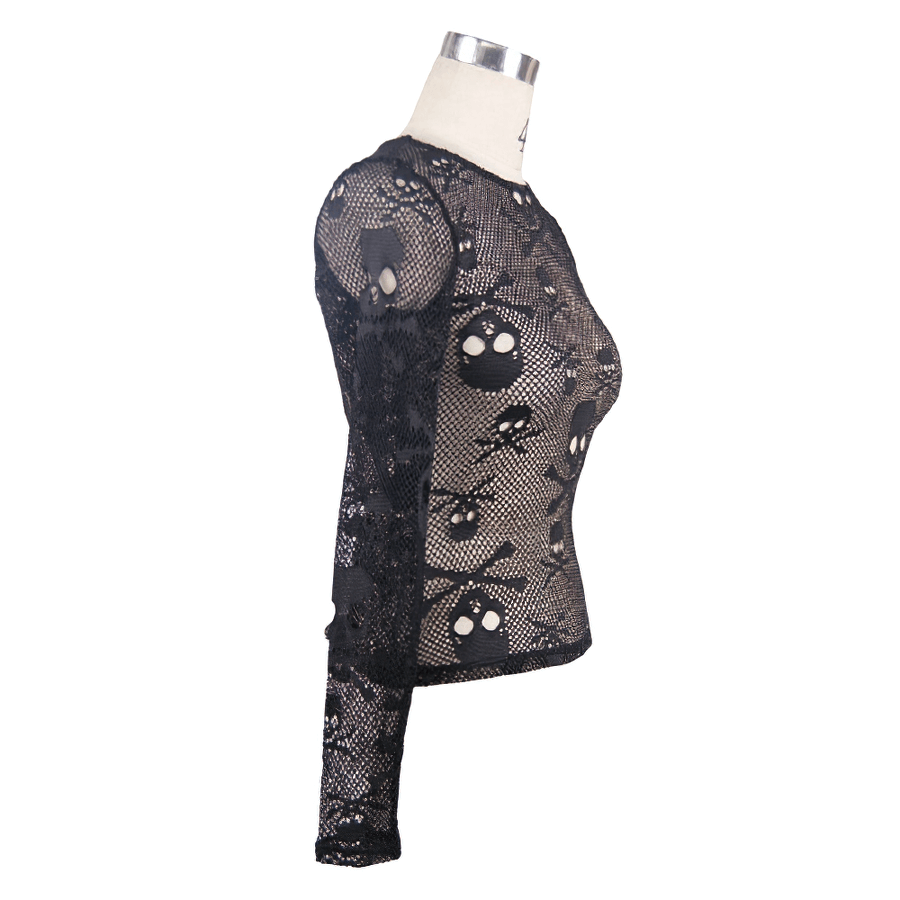 Gothic black mesh skull top for women, featuring a stylish long sleeve design perfect for alternative fashion.
