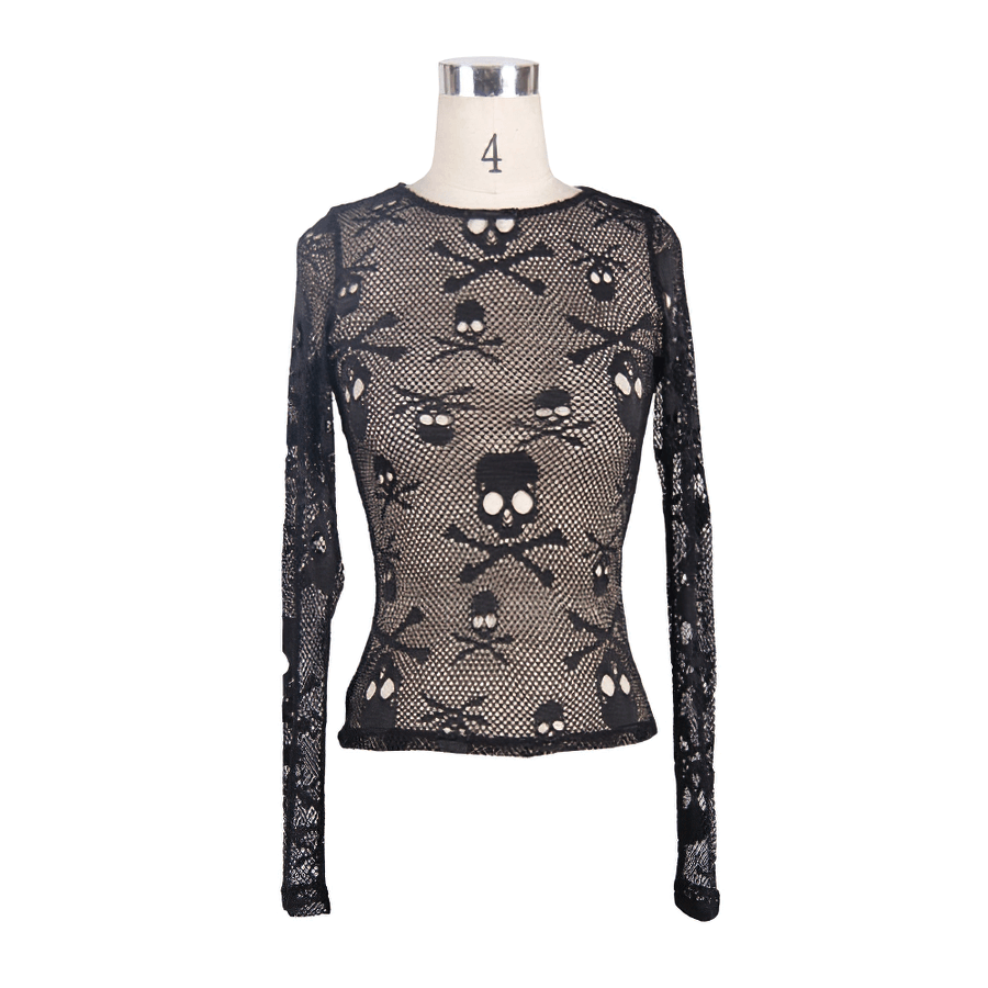 Gothic black mesh long sleeve top featuring skull and crossbones print for alternative fashion lovers.
