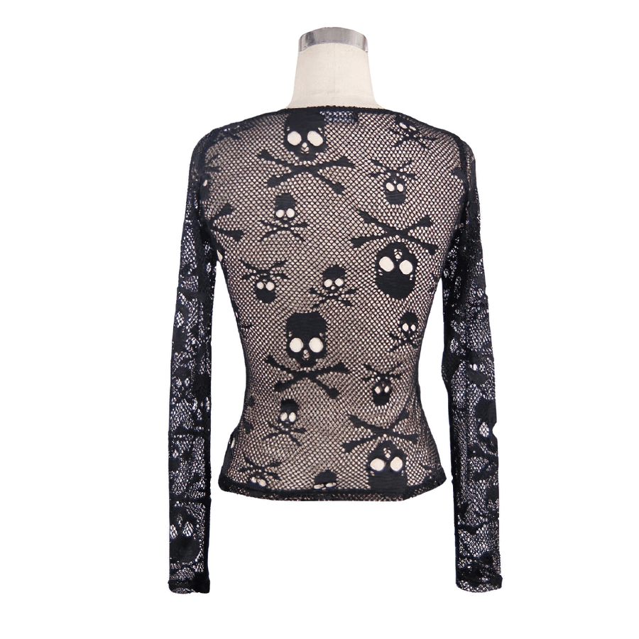 Back view of women's black mesh top featuring skull and crossbones design, perfect for gothic fashion lovers.